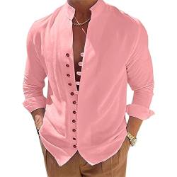 Puimentiua Herren Sommer Leinenhemd,Langarm Sommerhemd Baumwollhemd Freizeithemden Casual Shirt|Rosa L von Puimentiua