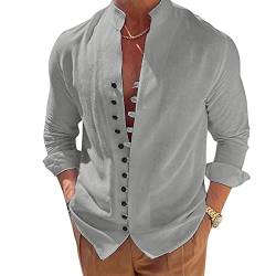 Puimentiua Leinenhemd Herren Langarm Leichtes Sommerhemd Strand Henley Shirt mit Stehkragen,Grau,3XL von Puimentiua