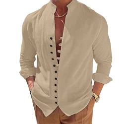 Puimentiua Leinenhemd Herren Langarm Leichtes Sommerhemd Strand Henley Shirt mit Stehkragen,Khaki,S von Puimentiua