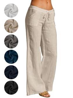 Puimentiua Leinenhose Damen,Leicht Sommerhose,Sommer Palazzo Hose,High Waist Schlaghose,Elegant Stoffhose,Women Linen Pants,Lockere Luftig Hose mit Wide Leg,Tunnelzug und Taschen (Khaki,L) von Puimentiua