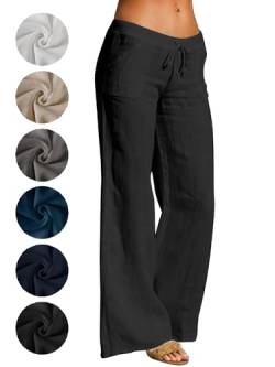 Puimentiua Leinenhose Damen,Leicht Sommerhose,Sommer Palazzo Hose,High Waist Schlaghose,Elegant Stoffhose,Women Linen Pants,Lockere Luftig Hose mit Wide Leg,Tunnelzug und Taschen (Schwarz,M) von Puimentiua