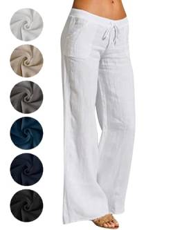 Puimentiua Leinenhose Damen,Leicht Sommerhose,Sommer Palazzo Hose,High Waist Schlaghose,Elegant Stoffhose,Women Linen Pants,Lockere Luftig Hose mit Wide Leg,Tunnelzug und Taschen (Weiß,M) von Puimentiua