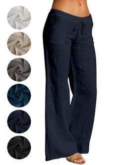 Puimentiua Sommerhose Damen Leicht,Sommer Weiß Palazzo Hose,Lockere Weit Leinenhose,Luftig Elegant Stoffhose,Weite Bein Schlaghose,Women Wide Leg Linen Pants,High Waist Sommerhosen (Dunkelblau,L) von Puimentiua