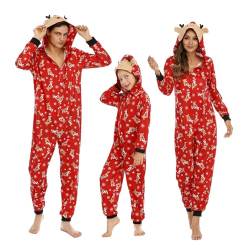 Puimentiua Weihnachten Familie Pyjamas Weihnachtspyjama Familie Set Weihnachtsschlafanzüge Damen Herren Kinder Weihnachten Jumpsuit, Einteiler Schlafanzüge mit Kapuze,Roter Elch - Damen, Größe XL von Puimentiua