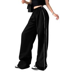 Puimentiua Y2K Parachute Pants Track Pants Women Cargohose Damen Baggy Retro Elastische Taille Hose Streetwear,Schwarz,S von Puimentiua