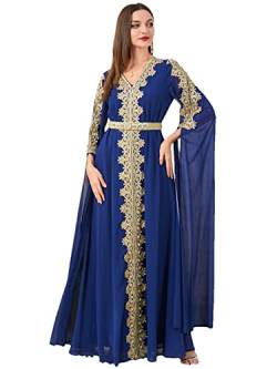 Abendkleider Party Langes Kleid Frauen Bestickter Gürtel Chiffon Kaftan Muslim Bankett Abayas, Marineblauer Kaftan, L von Pulcykp