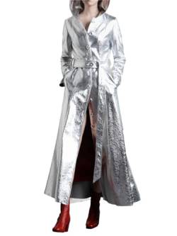 Herbst lange glänzende reflektierende Pu Leder Trenchcoat für Frauen mit Kapuze Mode Mantel, silber, 54 von Pulcykp