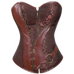 Pulcykp Damen Vintage Leder Korsetts Bustiers Blumendruck Gothic Bustier Push Up Corselet Überbrust, auburn, 52 von Pulcykp