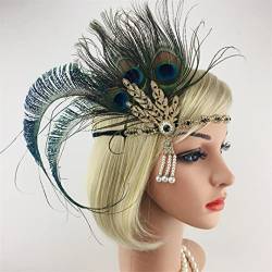Pulcykp Feder-Stirnband für Damen, glänzend, Strasssteine, Metallkette, Perlenquaste, elastisches Kopfschmuck, Vintage-Accessoire von Pulcykp