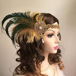 Pulcykp Feder-Stirnband für Damen, glänzend, mit Strasssteinen, Goldperlen, 1920er-Jahre-Stirnband, Stirn-Dekoration von Pulcykp