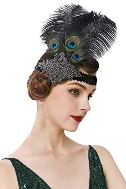 Pulcykp Feder-Stirnband für Damen, glänzende Pailletten, Perlen-Accessoires, Vintage-Stil, 1920er-Jahre, Party-Stirn-Dekoration von Pulcykp