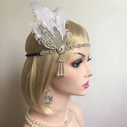 Pulcykp Frauen Vintage Feder Stirnband Strass Metall Kette 1920er Vintage Party Kopfschmuck von Pulcykp