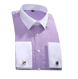 Pulcykp Herren Slim Fit French Manschettenknöpfe Hemd Langarm Baumwolle Smoking Hemd Formal Dress Shirts, Violett gestreift, XXXXX-Large von Pulcykp