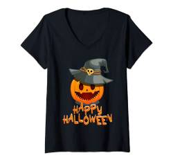 Damen Freundlicher Kürbis mit Hut - Happy Halloween T-Shirt mit V-Ausschnitt von Pumpkin Kürbis Happy Halloween Trick or Treat