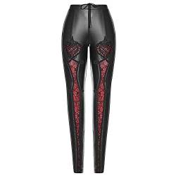 Punk Rave Damen Hohe Taille Gothic Kunstleder Leggings Steampunk Spitze Blumen Patchwork Kordelzug Hose, rot, L von Punk Rave