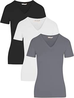Pure Look Damen 3er-Pack Kurzarm V-Ausschnitt Stretch Baumwolle Leichtes T-Shirt, Schwarz, Weiß, Anthrazit, Klein von Pure Look
