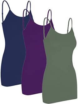 Pure Look Damen Spaghettiträger Stretch Baumwolle Lang Cami Camisole Tank Top, 3er-Pack – Marineblau, Lila, Olivgrün, Mittel von Pure Look