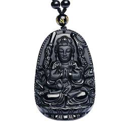 Purmy Buddha Anhänger Naturstein Amulett, Avalokitesvara Jade Buddha mit Verstellbarer Schwarzer Perlenkette 52-72cm von Purmy