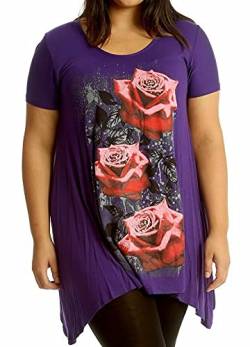 Neue Womens Plus Größe Uneben Zipfelsaum Kurzarm T-Shirt oben Damen Blumen Rosen Druck Jersey Tunika - Lila, Damen, 50-52 von Purple Hanger