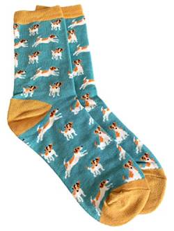 Purple Possum® Damen-Socken mit Jack Russell Aufdruck in Blau Grün Grau weiche Bambus-Baumwoll-Mischung Gr. Einheitsgröße, Green Blue / Yellow von Purple Possum