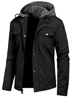 Pursky Herren Canvas Baumwolle Militär Casual Feldjacke Oberbekleidung mit abnehmbarer Kapuze, schwarz, Large von Pursky