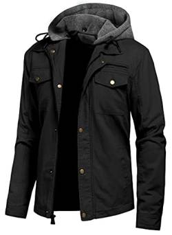 Pursky Herren Canvas Baumwolle Militär Casual Feldjacke Oberbekleidung mit abnehmbarer Kapuze, schwarz, XX-Large von Pursky