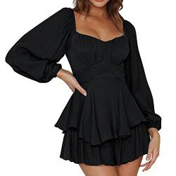 2024 Damen Sommerkleider Piratenkostüm Sexy Weißes Kleid Strand Lässige Tunika Rüschenkleid Mit Langen Puffärmeln Casual Loose Rüschen Minikleid Freizeitkleid für Frauen (01-Black, M) von Pursuit-W