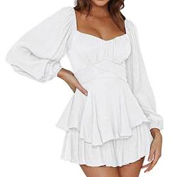 2024 Damen Sommerkleider Piratenkostüm Sexy Weißes Kleid Strand Lässige Tunika Rüschenkleid Mit Langen Puffärmeln Casual Loose Rüschen Minikleid Freizeitkleid für Frauen (01-White, M) von Pursuit-W