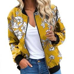 Bomberjacke Damen Blouson Jacke Leicht Casual Stehkragen Blumenmuster Langarm Lässige Reißverschluss Stehkragen Outwear Coat Sommer Herbst Übergangsjacke Taschen Frauen Mantel (0F-Grey, XXL) von Pursuit-W