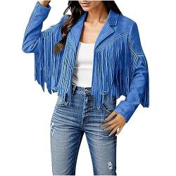 Damen Jacke mit Quasten Kunstleder Herbstjacke Strickjacke Mantel Faux Fransen Lederjacke Motorrad Kurzmäntel Crop Freizeit Fransenjacke Übergangsjacke Langarm Kurze Motorradjacke (01-Blue, XL) von Pursuit-W