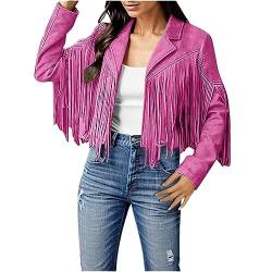 Damen Jacke mit Quasten Kunstleder Herbstjacke Strickjacke Mantel Faux Fransen Lederjacke Motorrad Kurzmäntel Crop Freizeit Fransenjacke Übergangsjacke Langarm Kurze Motorradjacke (01-Hot Pink, M) von Pursuit-W