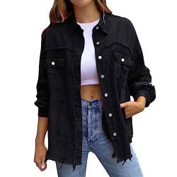 Damen Jeansjacke Ripped Denim Jacken Vintage Jean Mantel Übergangs Herbst Winter Oversized Jeansjacken Übergangsjacke Einfarbige Vintage Denim Jacken Lässige Boyfriend Streetwear (01-Black, L) von Pursuit-W