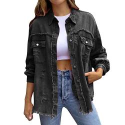 Damen Jeansjacke Ripped Denim Jacken Vintage Jean Mantel Übergangs Herbst Winter Oversized Jeansjacken Übergangsjacke Einfarbige Vintage Denim Jacken Lässige Boyfriend Streetwear (03-Black, S) von Pursuit-W