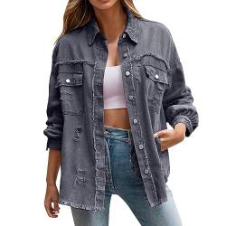 Damen Jeansjacke Ripped Denim Jacken Vintage Jean Mantel Übergangs Herbst Winter Oversized Jeansjacken Übergangsjacke Einfarbige Vintage Denim Jacken Lässige Boyfriend Streetwear (04-Grey, M) von Pursuit-W