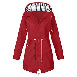 Damen Regenjacke Wasserdichter Atmungsaktiv Regenmantel mit Kapuze Leichte Winddicht Outdoorjacke Übergangsjacke Herbstjacke Funktionsjacke mit Reißverschluss, Kordelzug und Taschen (02-Red, XL) von Pursuit-W