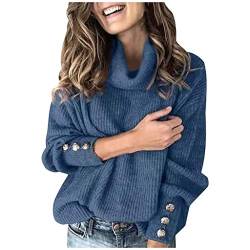 Damen Rollkragen Pullover Herbst Winter Strickpullover Langarm Rippstrick Pullover Lange Warm Rollkragenpullover Gestrickt mit Metallknöpfen Lose Casual Tunika Elegant Tops Pullis (01-Blue, M) von Pursuit-W