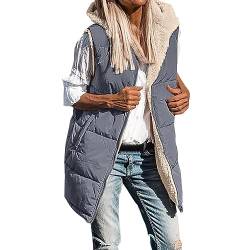 Damen Steppweste Lang Weste Warm Daunenweste Longweste Leichte mit Kapuze Ärmellose Jacke Großer Größe Outdoor Fleecejacke Wintermantel Daunenmantel Leichte Warm Übergangsweste Kapuzenweste (Grey, M) von Pursuit-W