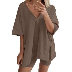 Damen Zweiteilige Sommer Langarm Tshirt und Shorts Set Blusen Einfarbig Baumwolle Shirt V-Ausschnitt Tops Sporthose 2 Teiler Elegant Outfit Freizeitanzug Streetwear Sportbekleidung (Brown, M) von Pursuit-W