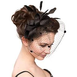 Faszinator Damen Hut, Schleier Mesh Stirnband, Kirche Haarschmuck, Hochzeit Mesh Stirnband, Fascinator Braut Kopfschmuck, Cocktail Headwear, Hochzeit Mesh Stirnband mit Federn Blumen (Black, One Size) von Pursuit-W