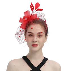 Faszinator Damen Hut, Schleier Mesh Stirnband, Kirche Haarschmuck, Hochzeit Mesh Stirnband, Fascinator Braut Kopfschmuck, Cocktail Headwear, Hochzeit Mesh Stirnband mit Federn Blumen (Red, One Size) von Pursuit-W