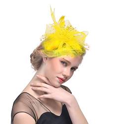 Faszinator Damen Hut, Schleier Mesh Stirnband, Kirche Haarschmuck, Hochzeit Mesh Stirnband, Fascinator Braut Kopfschmuck, Cocktail Mesh Headwear, Hochzeit Stirnband mit Federn (01-Yellow, One Size) von Pursuit-W