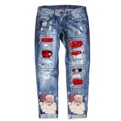 Pursuit-W Damen Weihnachtshose Zerrissene Löcher Jeans Weihnachten Druck Jeanshosen Herbst Winter Jeanshose Gerade Hosen Bequem Freizeithosen Sweatpant Lässige Klassisch Weihnachtsjeans (01-BU2, M) von Pursuit-W