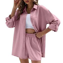 Pursuit-W Damen Zweiteiler Outfit Sommer Plissee Elegant 2 Teiler Musselin Bluse Freizeit Baumwolle für Frauen Streetwear Oversize Tracksuit High Waist Shorts Shirt Set Mit Knopfleiste Kordelzug von Pursuit-W