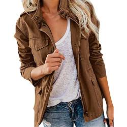 Pursuit-W Sommerjacke Damen Leicht Blouson Sommer Leichte Herbstjacke Langarm Trenchcoat Damenjacke Übergangsjacke Stehkragen Trickjacke Mehr Boyfriend Jacket mit Taschen Reißverschluss (01-Brown, S) von Pursuit-W