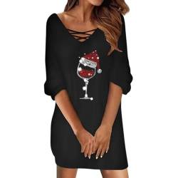 Pursuit-W Weihnachtskleid Damen Weihnachten Rot Weinglas Druck Weihnachtskleider Minikleid Sexy Mesh Partykleid Rundhals Kleid Langarm Kleider Herbst Winter Christmas Festkleid Pullover (03-Black, L) von Pursuit-W