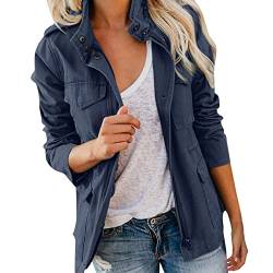 Sommerjacke Damen Leicht Blouson Sommer Leichte Herbstjacke Langarm Trenchcoat Damenjacke Übergangsjacke Stehkragen Trickjacke Mehr Boyfriend Jacket mit Taschen Reißverschluss (02-Dark Blue, M) von Pursuit-W