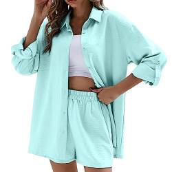 Zweiteiler Damen Sommer Musselin Bluse Outfits Anzug Elegant 2 Teiler Langarm Oversize Hemdshirt Kurze Hose Set Plissee Baumwolle Freizeitanzug Kurz Umlegekragen Mit Knopfleiste Kordelzug Zweiteilig von Pursuit-W