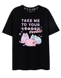 Pusheen Damen T-Shirt | Schwarzes T-Shirt Take Me to Your Feeder mit Grafik für Damen | Oversized Cute Kitty Kurzarm-T-Shirt | Internet Katze Top | Tageswäsche Merchandise Geschenk für Erwachsene von Pusheen