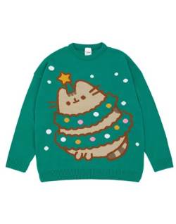 Pusheen Grüner Weihnachtsstrickpullover für Damen | Festlicher Feiertagspullover - Süß & Kuschelig | Stilvolle The Cat Weihnachtsbekleidung | Festliches Sweatshirt mit Katzenmotiv von Pusheen