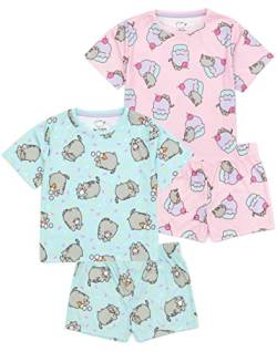 Pusheen The Cat Girls 2er Pack Pyjama | Kinder Teens Blau Pink Cartoon Katze EIS Cupcakes T-Shirt Shorts Set Nachtwäsche Merchandise von Pusheen